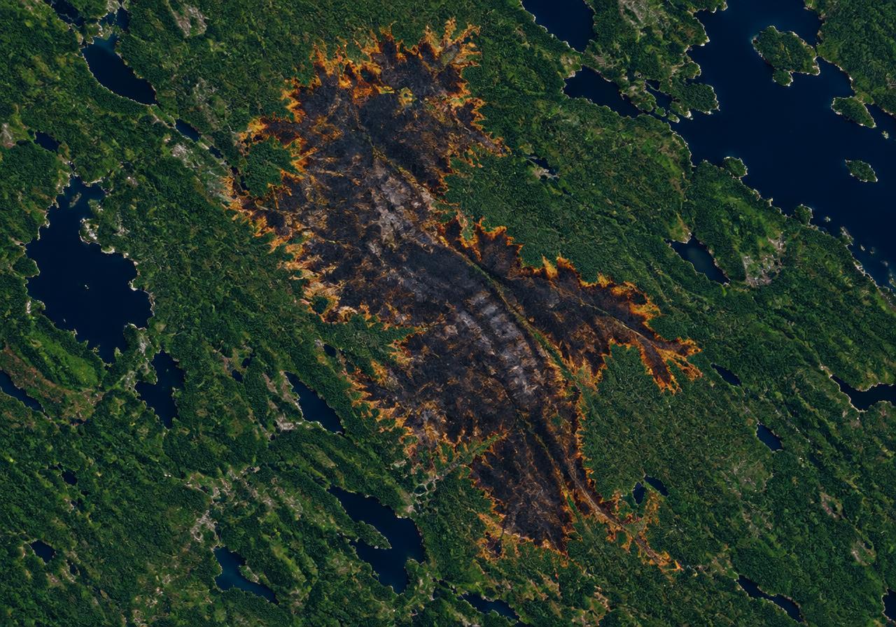 Satellite view of a burn scar in boreal forest